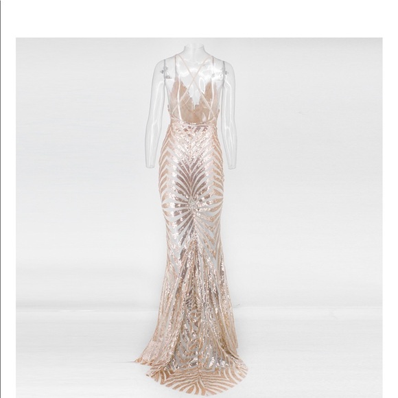 Elegant Sequin Backless Hourglass Rose Gold Gown - Picture 6 of 8